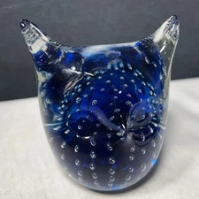 Vintage Cobalt Blue Rainbow/Viking Art Glass Bullicante Owl Paperweight