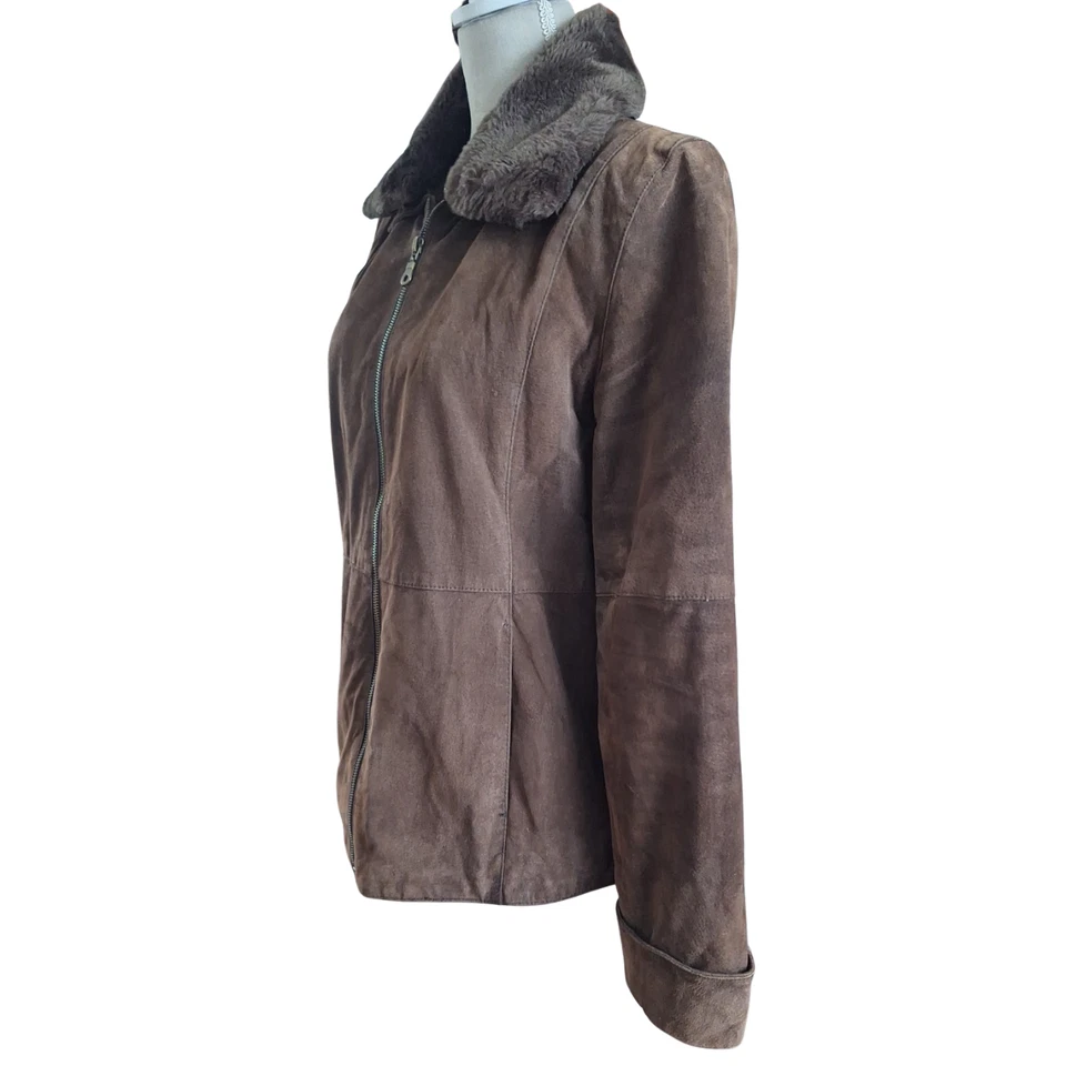 Otoño Boho Chic Chaqueta Cuello de Piel Sintética Plateado Zorro Marrón Gamuza Cuero Chaqueta Talla M Foto 4 de 4