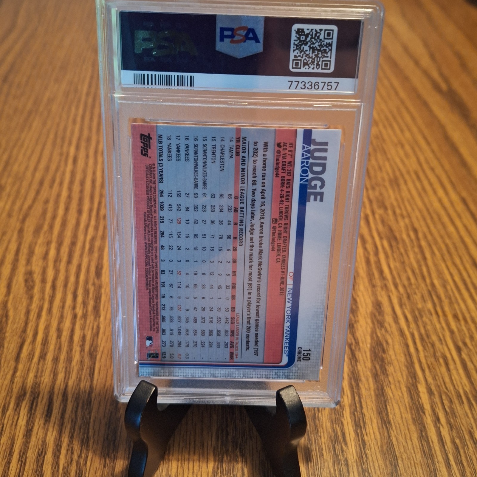 2019 Topps Chrome Sapphire Edition Aaron Judge #150 PSA10 GEM MT view 2