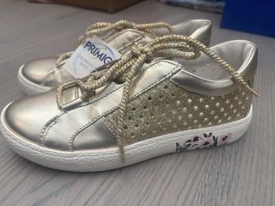 NIB NEW Primigi girl Capra Lam/Glitt/Plat flower gold glitter tie sneakers 35 3