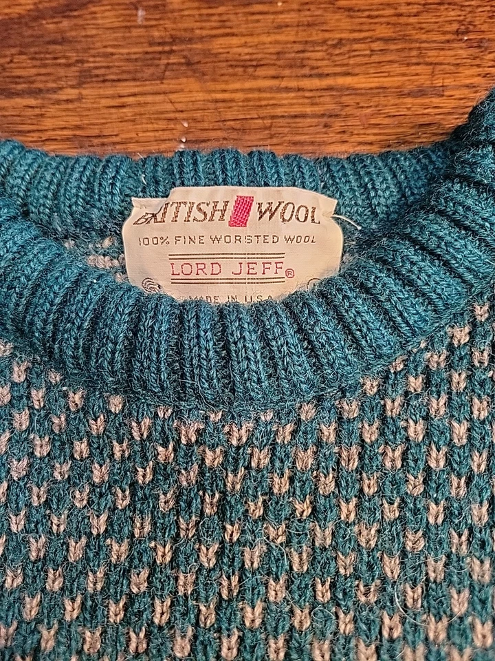 Suéter De Colección Lord Jeff Cuello Redondo Gris Teal Patrón Ojo de Pájaro Lana Británica Worsted Foto 2 de 4