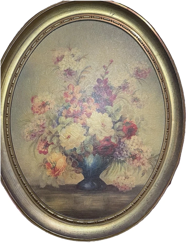 Conjunto de dois: esta é uma estampa floral vintage de natureza morta por M. DeCamp em moldura oval - Imagem 2 de 2