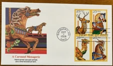 CAROUSEL ANIMALS HORSE CAMEL DEER GOAT 1988  FLEETWOOD  CACHET FDC  UNADDR