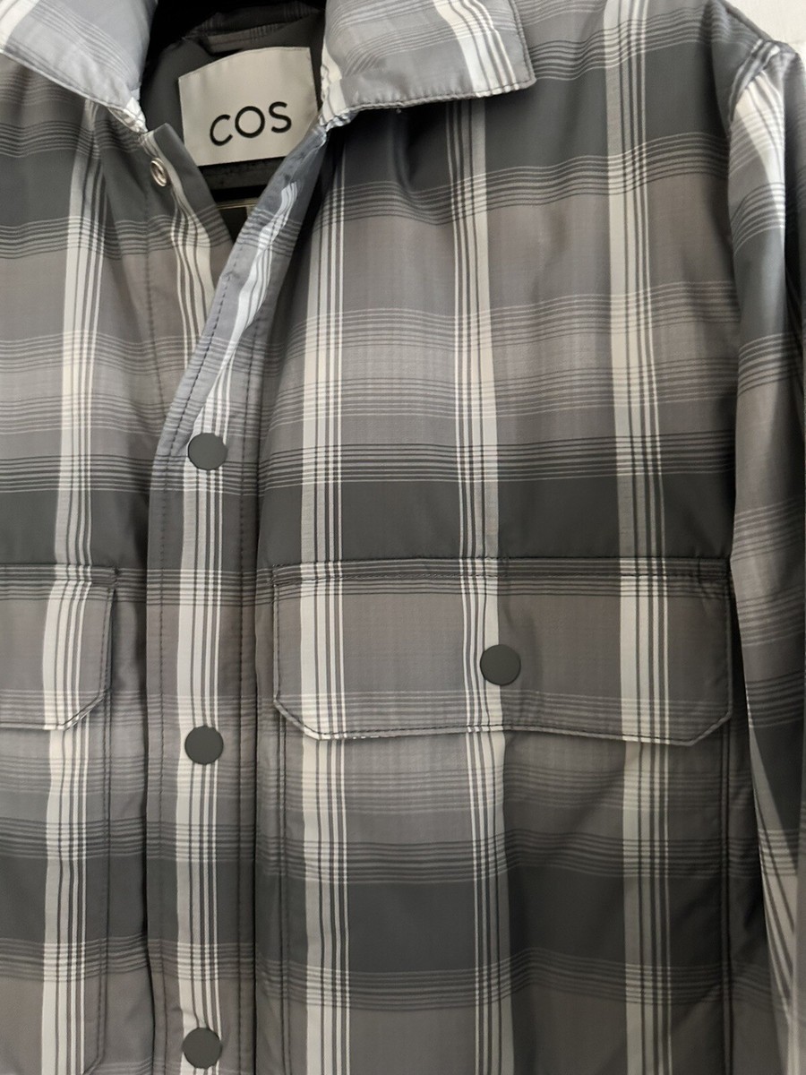 COS Men's Grey Check Plaid Light Nylon Puffer Shirt Jacket