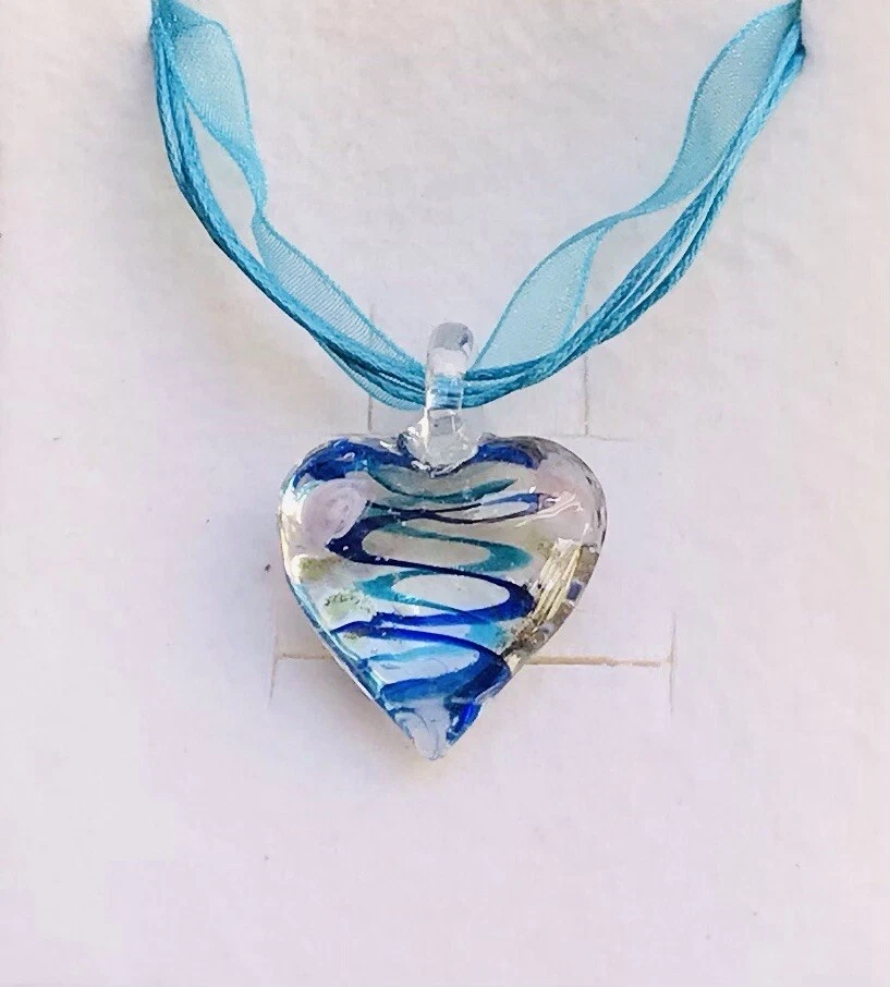 Stunning Mixed Blues Swirl Murano Glass Heart Pendant Ribbon eBay