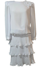 Vintage 1980s Womens 2ps Set Blouse Ruffle Tiered Midi Skirt Size 10 Ivory Crepe