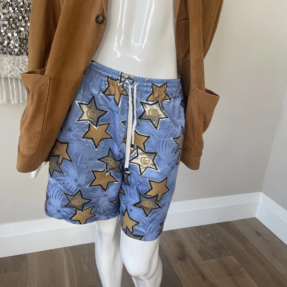 AUTH.GUCCI GG STAR SATIN JACQUARD AZURE BLUE & GOLD BERMUDA SHORTS S/IT 44 New