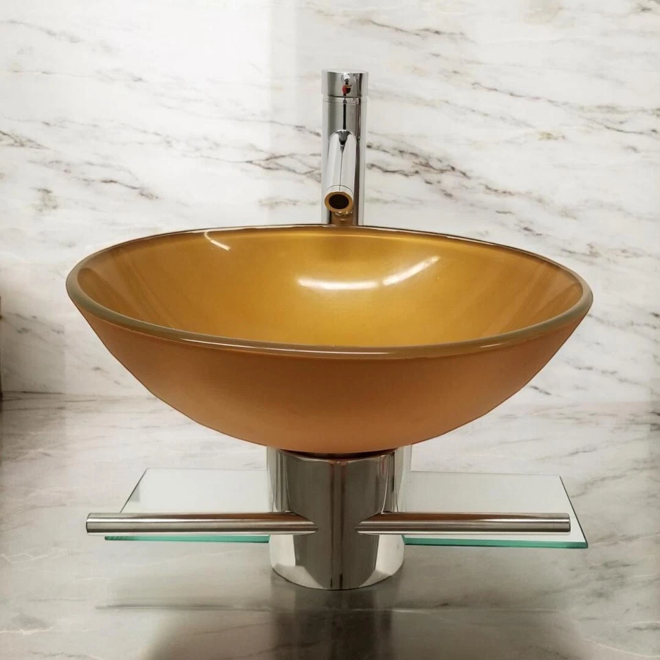 现代小型浴室台灯梳妆玻璃碗容器芥末金水槽组合 — 第 3/4 张图片