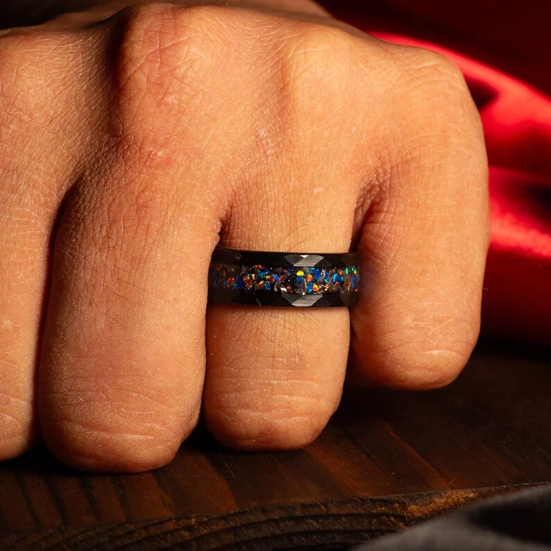 Alianza de boda anillo de tungsteno negro martillado ópalo ópalo meteorito y galaxia de 8 mm para hombre Foto 2 de 4