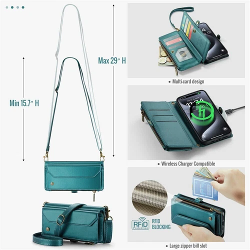 For iPhone 16 15 14 13 12 Pro Max Plus Case Wallet Leather ZIP Bag Strap Cover - Picture 75 of 84