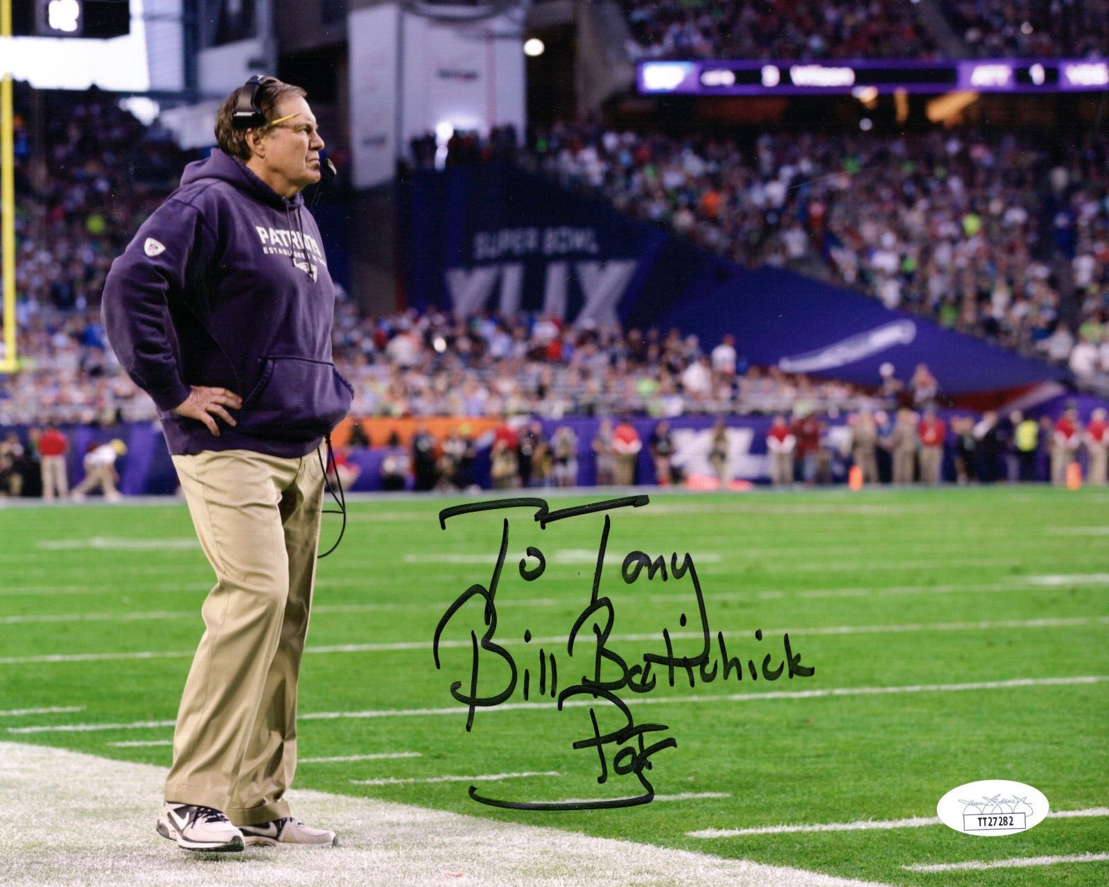 BILL BELICHICK HAND SIGNED 8x10 PHOTO    NEW ENGLAND PATRIOTS     TO TONY    JSA