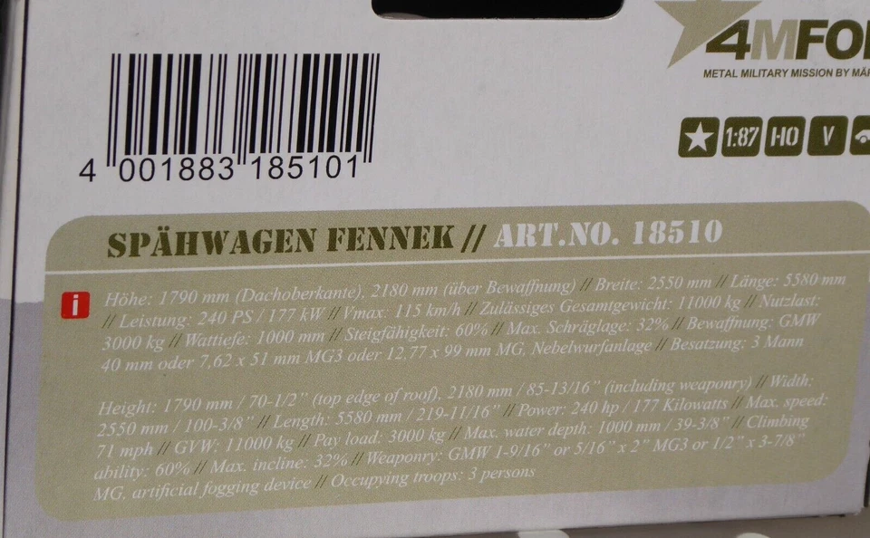 Märklin 18510 H0 Spähen Corazzata Fennek 1:87 4MFOR Nuovo IN Conf. Orig. , 1:87 - Immagine 2 di 4