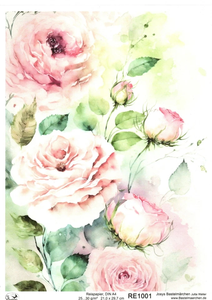 JOSYS BASTELMÄRCHEN Papel de arroz A4 seda de paja decoupage técnica de servicio rosas rosa vintage RE1001