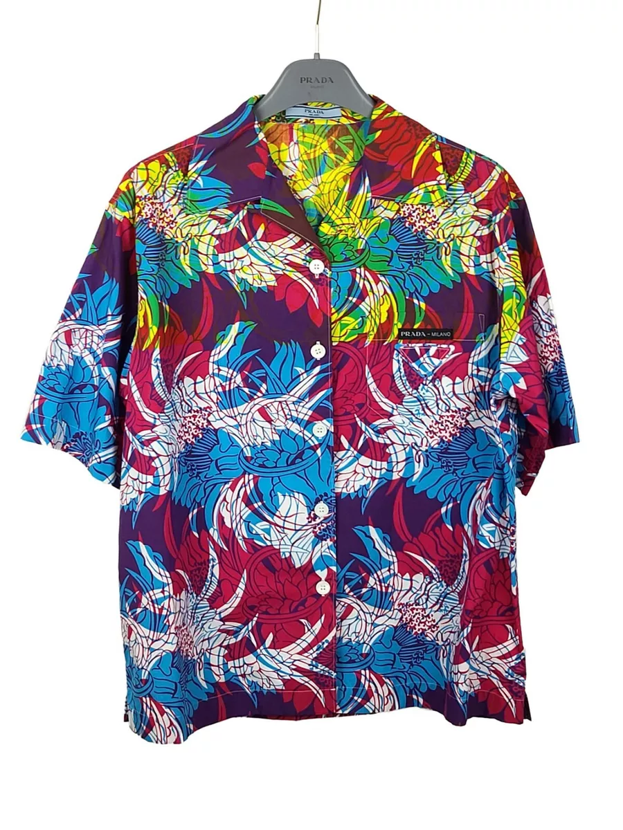 Printed Cotton Bowling Shirt in Blue - Prada