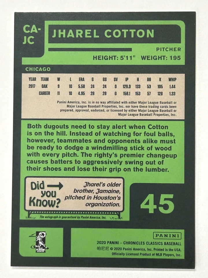 Jharel Cotton 2020 Chronicles Classics Autograph Card #CA-JC AUTO Chicago Cubs - Image 2 of 2