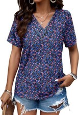 Women's Blue Floral Pleated V Neck Short Sleeve T-Shirt Casual Top Blouse Tee XL