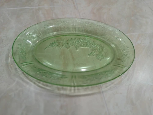 Depression Glass Oval Platter Sharon Cabbage Rose Pattern. Rare Green Uranium