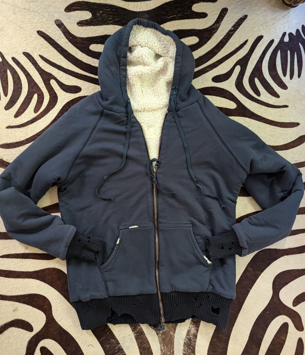 Greg Lauren Navy Fleece Zip Front hoodie Sherpa Lined Distressed
