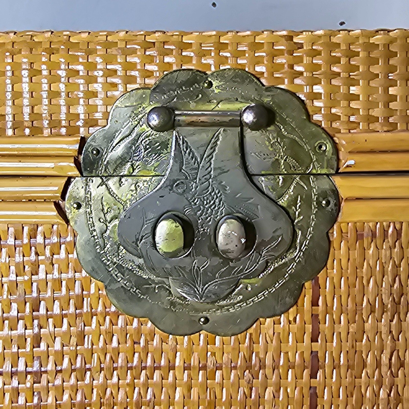 Vintage Wicker & Brass Chinoiserie Chest Trunk From Hong Kong 20"L x 20"W x 21"H