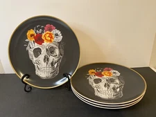 (2) Harvest Green Studio Halloween Skelton Skull w Roses 10.5” Dinner Plates