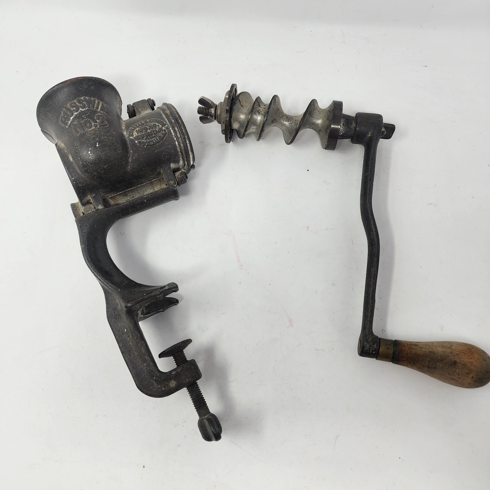 Antique RUSSWIN No.2 Meat Grinder Wooden Crank 1901 Table Attachment Hand Crank