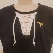 Victoria's Secret PINK Campus Black w/ Gold & White Logo Lace Up Tshirt Med NWT