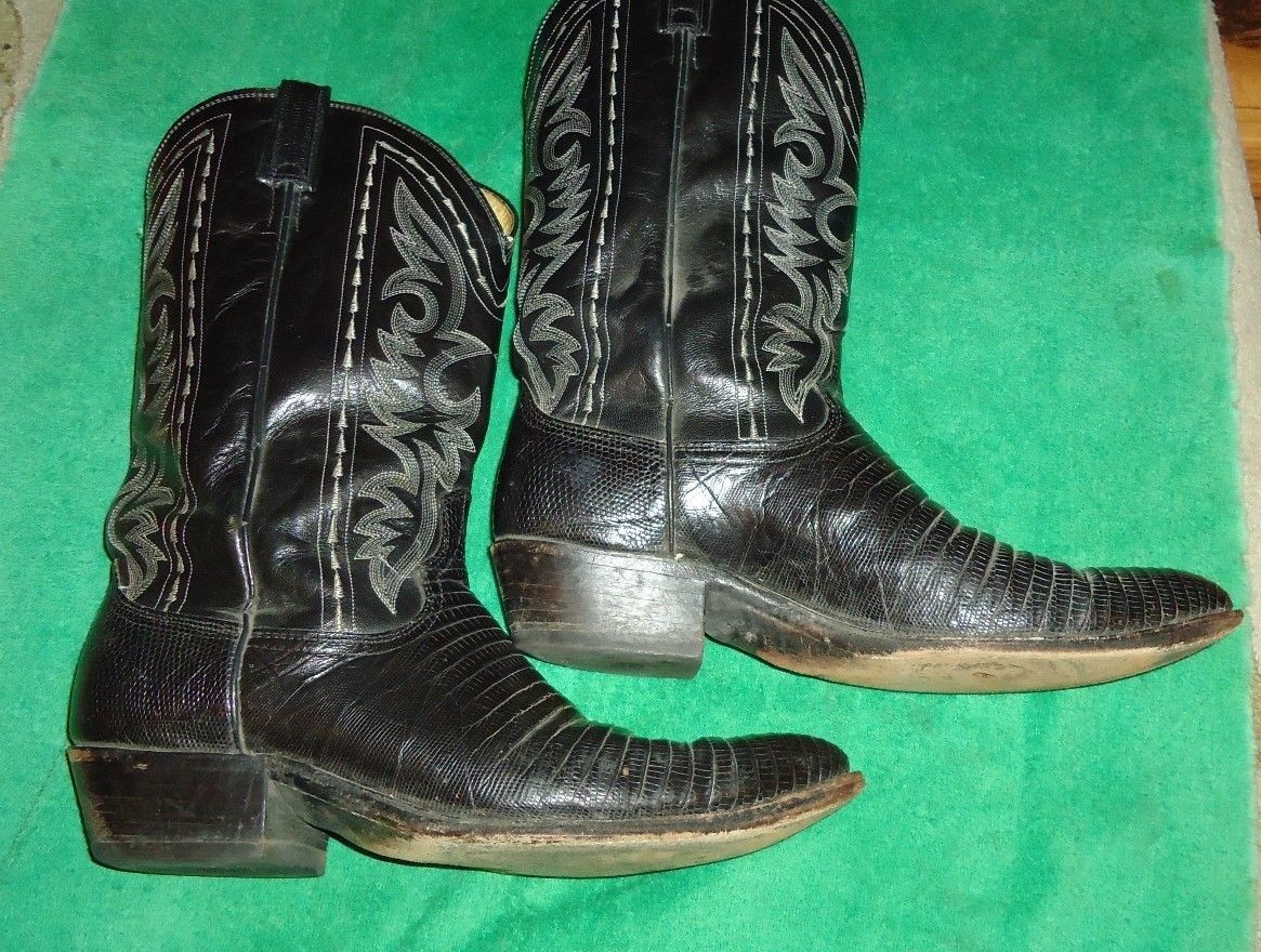 mens dan post cowboy boots black lizard foot leather shaft size 12 d size 12 cowboy boots