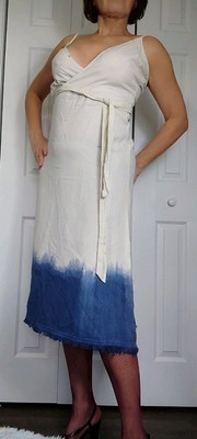 NWT Sz S En Creme Straps Midi Dip Dyed Off White Blue  Denim Dress  Fringe  | eBay