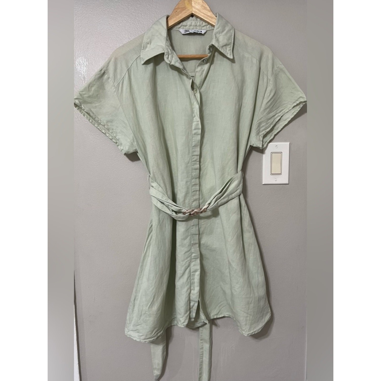 Zara Linen Blend Mini Shirt Dress Sage Green Belted Short Sleeve Size S image 4
