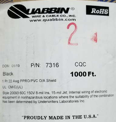Quabbin 7316 22/1P Shielded Audio/Microphone/Communication Cable Black /100ft