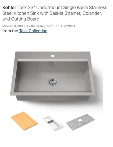 $190 Kohler K-80084-1PC-NA Task 33" Undermount Kitchen Sink w/ Accessories