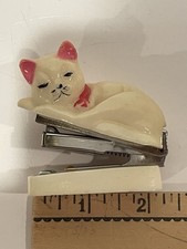 Vintage Plastic Cat Stapler White With Red Collar Small