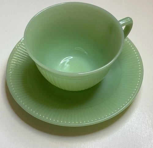 Vintage Anchor Hocking Jadeite Jane Ray Cup Ribbed Bottom On Saucer Unmarked