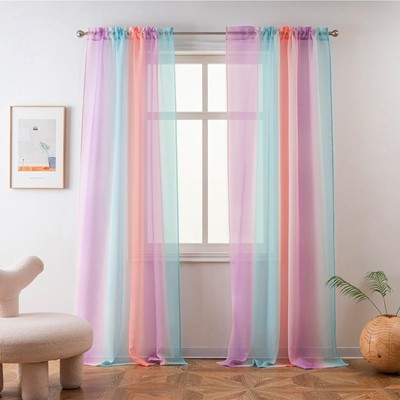 Sheer Curtain Semi Bedroom Curtains 84 inches Length Linen Rainbow Ombre Curt...