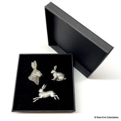 3 x Hase Hase Brosche Box Set Geschenk UK Handarbeit Silber Zinn Hase Geschenk