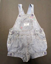 Vtg Oshkosh B’Gosh Flower Print Denim Vestbak Bib Shortall Bubble Romper 12 M