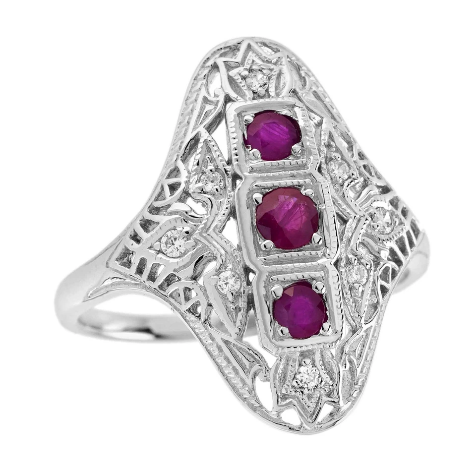 9K White Gold Natural Ruby Diamond Filigree Three Stone Ring - Image 2 of 4