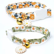 2 Pack Cotton Breakaway Cat Collars with Bell Daisy Pendant Kitty Green Orange