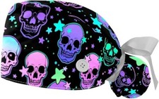 2 Pack Adjustable Bouffant Scrubs Surgical Cap for Long Hair - Black w/ Skulls