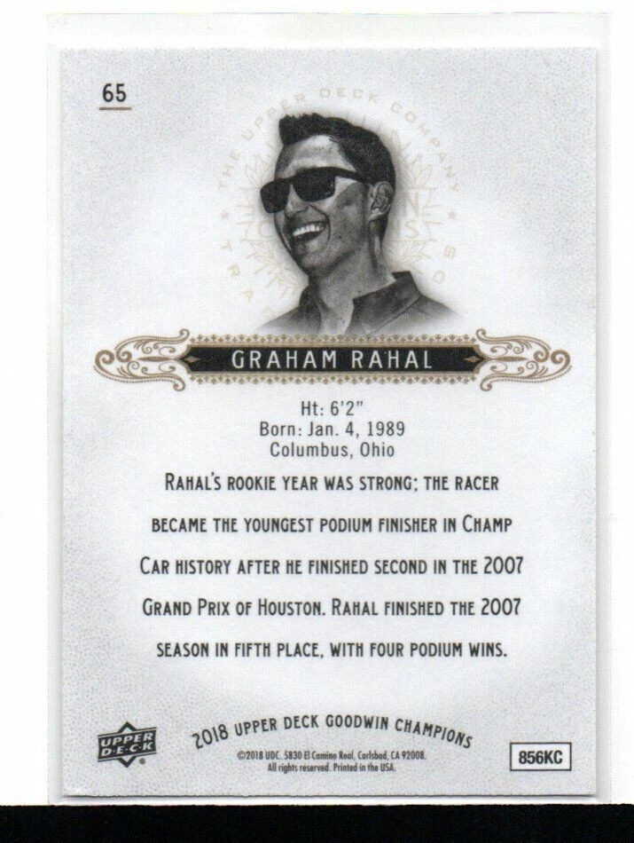 GRAHAM RAHAL : 2018 - UPPER DECK / GOODWIN CHAMPIONS - CARD No # 65 - Image 2 of 2