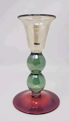 Krosno Poland Candlestick Iridescent Hand-Blown Glass w Sticker 6'' U25