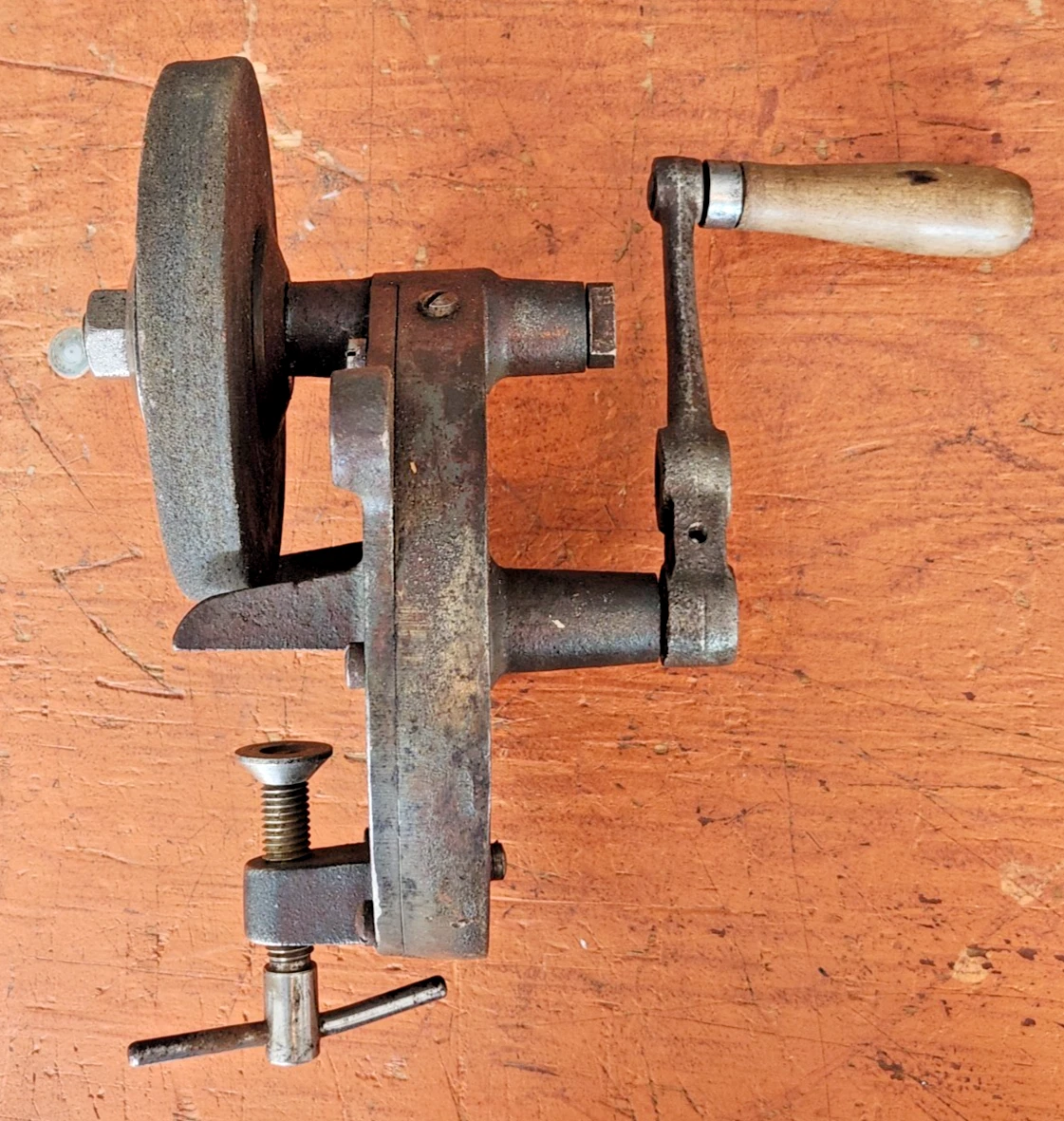 Antique Prepper Blade Sharpener 5.5" wheel 2-Position Crank Handle Bench Clamp