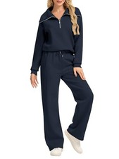 Women's 2 Pcs Outfits Sweatsuit Set Oversized Lapel Half Zip Medium Navy