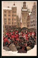 Künstler-Lithographie Paul Hey: München, Schäfflertanz, Marienplatz 