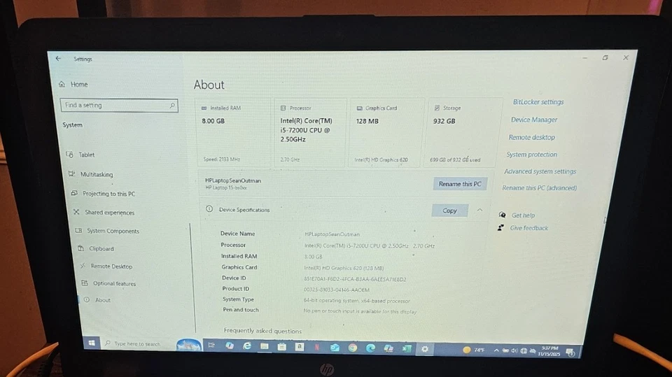 Portátil HP 15-bs087nr 15,6" - Intel Core i5-7200U - 8 GB RAM - DISCO DURO DE 1 TB - SIN BATERÍA Foto 2 de 4
