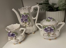 Porcelain Floral Tea Set White Purple Novelty Shape Teapot Sugar Bowl Creamer