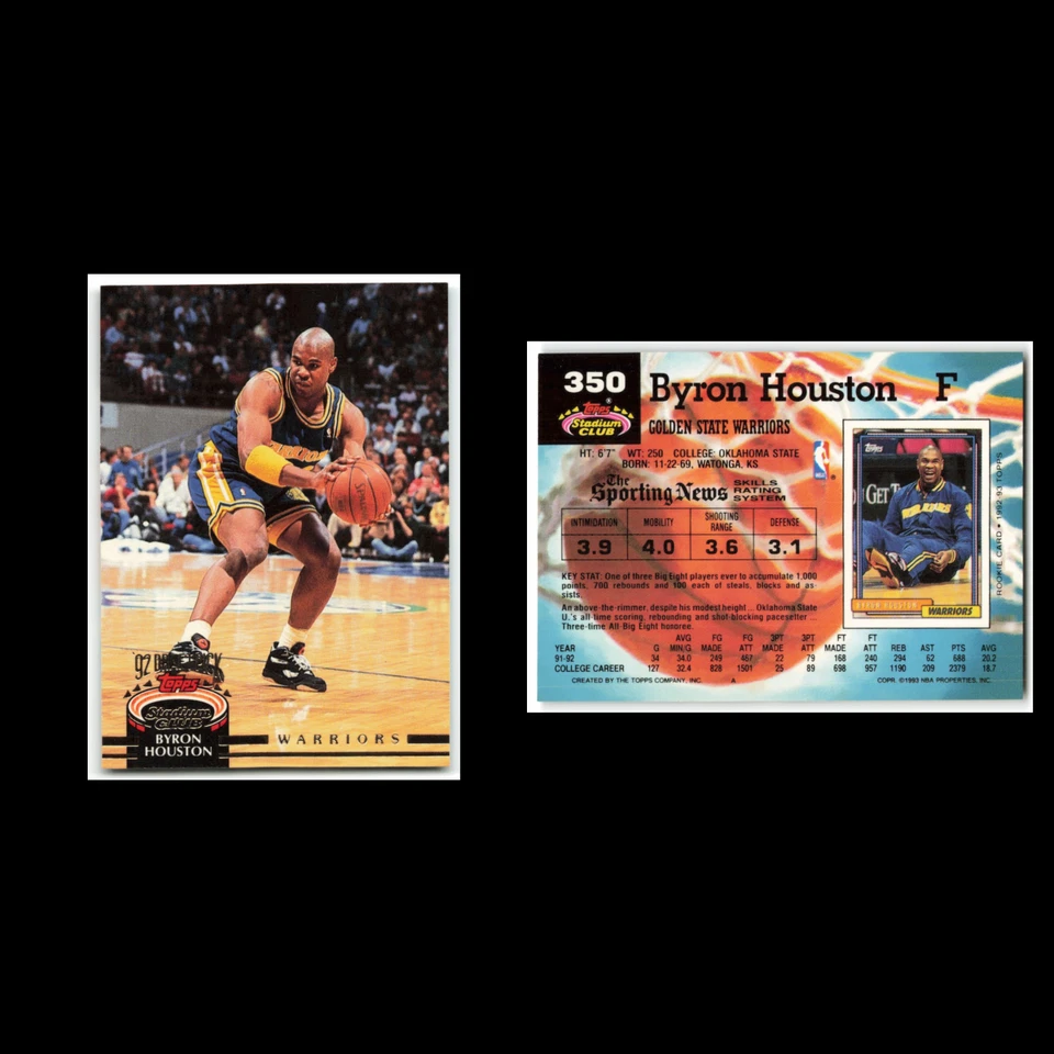 Byron Houston Rookie #350 1992 Topps Stadium Club Golden State Warriors Card NBA - Image 3 of 3