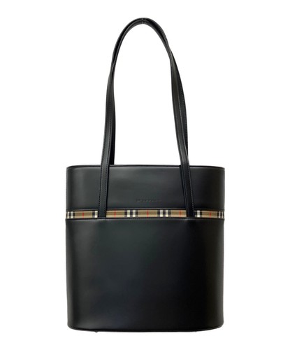Burberry Black Leather Tote Bag Vintage Check Stripe Detail Silver Hardware
