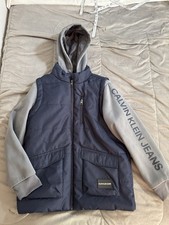 Calvin Klein Jeans Boys Hooded Puffer Jacket Navy/Gray Zip Pockets L 14/16