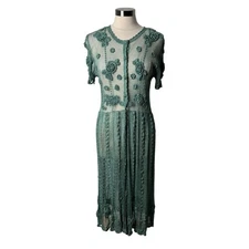 Floral Green Mermaid Crochet Knit Lace Button Front Maxi Dress Women's 6